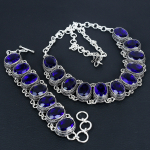 Sinine safiir v&auml;&auml;riskivi k&auml;sitsi valmistatud 925 sterlingh&otilde;be ehted kaelakee k&auml;ev&otilde;ru komplekt, antiikne ehtekomplekt, pulmakinkide k&auml;ev&otilde;ru lihav&otilde;ttekingiks 20" sinine