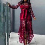 Naiste Elegantne Pitsist Maxi Kleit Naiste Pulma &Otilde;htupeo Bodycon Pikkade Varrukatega Kleidid Pluss Suurus Mood XXL veinipunane v&auml;rv