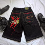 Unisex Streetwear Meeste Naiste Teksad Hip Hop Deemon Kuradi Muster Tikitud P&uuml;ksid Harajuku Vabaaja Sirged L&otilde;dvad Teksad L&uuml;hikesed P&uuml;ksid M