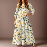 Naiste vabaaja mood lillemustriga kolmveerandvarrukatega pikk kleit taskutega XL kollane