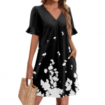 Suvekleidid naistele V-kaelusega volangidega l&uuml;hikeste varrukatega vabaaja lahtine tr&uuml;kimustriga kleit rannakleit taskutega L