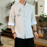 Kevad/Suvi 2020 Meeste Puuvillane Linane Tikitud Seitsme Varrukaga S&auml;rk Konn-N&ouml;&ouml;pidega - Retro Hanfu Stiil 5XL