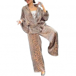 2 tk/komplekt Naiste s&auml;rgip&uuml;kste komplekt Leopardprinteriga T&otilde;mblukuga pikkade varrukatega plisseeritud &uuml;laosa avarad laia s&auml;&auml;rega p&uuml;ksid t&ouml;&ouml;riietuse komplekt XXXL kaamel