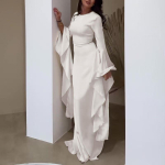 Naiste laiade varrukatega liibuv maksikleit, elegantne &otilde;htukleit p&otilde;randani ulatuva seelikuga S valge