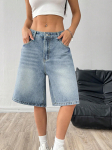 Naiste Keskmise V&ouml;&ouml;kohaga L&otilde;dvad Laia S&auml;&auml;rega Denim Bermuda L&uuml;hikesed P&uuml;ksid Vintage Pesuga Viiepunktilised teksap&uuml;ksid L&uuml;hikesed P&uuml;ksid Vabaaja Suvine T&auml;navastiil P&otilde;lvepikkusega L&uuml;hikesed P&uuml;ksid XS helesinine v&auml;rv