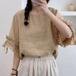Johnature'i suvised linasest volangidega naiste s&auml;rgid Vintage lahtised &uuml;hev&auml;rvilised lihtsad naiste pluusid One Size khaki