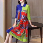 Plisseeritud pika seelikuga polo-lahti kleit, suur &otilde;huke naiste kleit 2022. aasta uus suveprintiga seitsme punkti varrukatega, allapoole kaelusega kleit M sinine