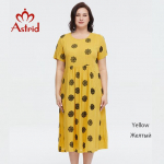 Astrid naiste suvekleit 2023 Elegantne puuvillane &uuml;lisuur kontorikleit t&auml;pilise tikandiga taskuga pikad kleidid naistele 48 kollane