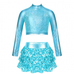 Laste t&uuml;drukute dž&auml;ssitantsu kost&uuml;&uuml;m, l&auml;ikiv metallik, pikkade varrukatega k&auml;rbitud topp seelikuga l&uuml;hikeste p&uuml;kstega, ballettv&otilde;imlemisriietus 9-10 Years helesinine v&auml;rv