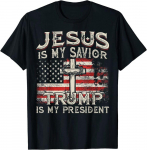 Naljakas Jeesus on minu p&auml;&auml;stja Trump on minu president Ameerika lipuga unisex T-s&auml;rk S