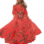 Naiste kleit Lilleprinteriga A-joon avara &auml;&auml;risega vintage k&otilde;rge v&ouml;&ouml;kohaga prantsuse stiilis kolmveerand 2XL punane