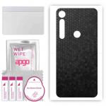 apgo Kaitsev nahakleebis seljale, mis &uuml;hildub Motorola One Vision Plusiga, &uuml;mbriskile, foolium, vin&uuml;&uuml;l &ndash; mustermust k&auml;rgstruktuuriga