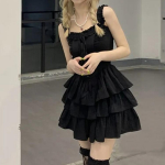 Naiste varrukateta must A-l&otilde;ikeline minikoogikleit suvine Jaapani lolita Kawaii Preppy stiilis kleit Harajuku retro armas kleit S must