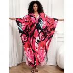 Naiste elegantne kattekleit, pluss suuruses lillemustriga punutud detailiga V-kaelusega nahkhiirevarrukatega l&otilde;hikuga maksipikkusega ranna kaftan kleit One-size roosa punane v&auml;rv