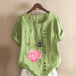 Naiste moodne &uuml;mara kaelusega l&uuml;hikeste varrukatega T-s&auml;rk vabaaja puuvillane linane graafiline s&auml;rk vaba aja lilledega prinditud suvepluusid S roosa