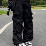 Y2K Parachutist Mustad P&uuml;ksid Naistele Hippie Streetwear &Uuml;lem&otilde;&otilde;dulised Taskutega Cargo P&uuml;ksid Harajuku Lai Jalg L&otilde;dvad Treeningp&uuml;ksid S must