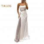 Naiste &otilde;htukleit Bandeau &otilde;lgadeta varrukateta plisseeritud s&otilde;lmv&otilde;rgust lapiline l&auml;ikiv litriga pallikleit, maapikkus, satiinist p&otilde;randapikkus piduliku balli maksikleit S roosa