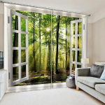 Metsaknad 3D Loodusmaastik Rand Meri Puu Rohelised Kardinad Akknakatted elutuppa magamistuppa k&ouml;&ouml;ki 2 tk Dekoratsioon 100W160H(CM)40x63in&Grommet Top