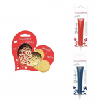 Kit pour biscuit en relief Coeur + 2 Stylos au chocolat rouge et bleu nuit
