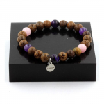 Pierres et Min&eacute;raux. Bracelet Perles Opale Rose + Oeil de Tigre violet + Am&eacute;thyste + bois 8 Fabriqu&eacute; en France.