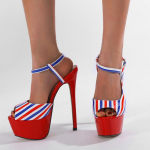 Patentnahast Sinised/Punased Triibulised Stiletto Sandaalid Seksikad Peep-Toe Platvormiga Pandlaga Kitsad &Uuml;lik&otilde;rged Kontsad Naiste Klubikingad 35