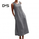 Varrukateta maksikleit naistele, lahtine &uuml;mara kaelusega maika-kleit taskutega, rannapuhkuse pikk suvekleit, suvine vaba aja r&otilde;ivastus M must