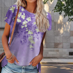 Naiste suvine lilleprindiga T-s&auml;rk, retro stiilis l&uuml;hikeste varrukatega t-s&auml;rgid, vabaaja tr&uuml;kitud topid XS lilla