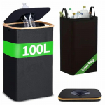 Suure mahutavusega 100L bambusest taaskasutuskast kaanega - kaasaegne ristk&uuml;likukujuline pr&uuml;gikast, mis sobib pudelite, klaasi, paberi, plasti ja metalli jaoks. must