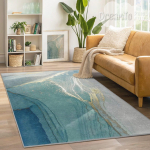 T&uuml;rkiissinine Ookeanimarmorist Abstractvaip, Elegantne Rannikuv&auml;rvi Akva Dekoor, Kuldsete Soontega Akvarell-Sisevaip, Sinakasroheline Rannast Inspireeritud 60*90cm