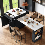 Table de bar - MUVOE - 133-202x70x93,5 cm - Extensible t&eacute;lescopique - 2 tiroirs - 4 compartiments must