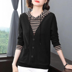 Kapuutsiga sviiter naiste s&uuml;gis- ja talvine False kaheosaline triibuline pikkade varrukatega T-s&auml;rk Big Yards Botting s&auml;rk vabaaja pullover Topid L must