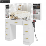 Tualettlaud peegli ja 12 LED-valgustiga, Meigilaud 7 sahtli ja 6 peidetud hoiuruumiga, Kiudplaat, Valge 100 x 40 x 137 cm valge