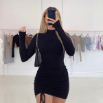 Pikkade varrukatega Ruched Bodycon kleit naiste kilpkonnaga sidemega minikleidid s&uuml;gismustad k&otilde;hnad venivad peovestid S must