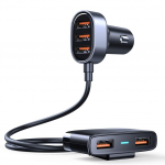 5 mitme pordiga 31 W suure v&otilde;imsusega autolaadija adapter nutitelefoni jaoks, 5 V 1,5&ndash;6,2 A(Max) Multi-USB-autolaadija koos 5 jala pikkuse kaabliga tagaistme laadimiseks Lighter-5.9x3.6x2.3cm must