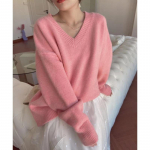 Naiste sviiter, laisk v&auml;limine kootud sisemised topid Jaapani sinine V-kaelusega pullover One Size roosa