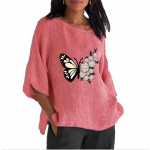 Naiste Moodne puuvillane linane suvine ja s&uuml;gisene plusssuurus 3/4 pikkade varrukatega pluusid Naiste vabaaja &otilde;huke pikk s&auml;rk, tr&uuml;kiga lahtised topid S roosa