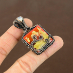 Natural Carved Red Coral, Moonstone Gemstone Copper Wire Wrap Pendant 1.97 v8e57