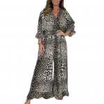 Naiste kombinesoon Leopardimustriline laia jalaga V kaelus, varrukatega volangid, k&otilde;rge v&ouml;&ouml;koht, avar t&auml;ispikk pendeldamine rannas XXL