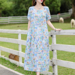 Suures suuruses Vintage Print pikk kleit Naiste avarad l&uuml;hikeste varrukatega vabaajakleidid Elegantsed keskealiste naiste riided XL