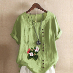 Naiste mood Lilled Prinditud &uuml;mmarguse kaelusega l&uuml;hikeste varrukatega T-s&auml;rk vabaaja puuvillane linane graafiline s&auml;rk vaba aja veetmiseks suvised pluusid S roosa