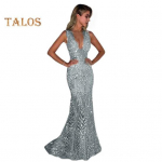 Naiste &otilde;htukleit, s&uuml;gav V-kaelus, &otilde;huke seljataga varrukateta, l&auml;ikiv litriga kalasaba-&auml;&auml;re all&auml;&auml;re maapikkusega maksikleit balli&otilde;htu kleit S kuldne