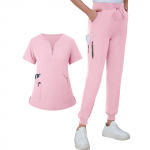 Naiste suvine V-kaelusega lukuga taskute ja l&uuml;hikeste varrukatega vormiriietus M roheline