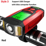 3-&uuml;hes USB-taaslaetav jalgratta taskulamp arvuti spidomeetriga 5 valgustusrežiimi Jalgratta esituli piiks jalgratta taskulamp punane