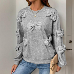 Bow Knot dressipluus Kawaii Casual soliidne lahtine pikkade varrukatega pullover Korea moodne O-kaelusega &uuml;lisuur topp S helehall v&auml;rv