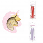 Kit pour biscuit en relief Licorne + 2 Stylos au chocolat rouge et lilas