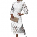 Naiste kevadsuvine kleit, krae, pikad varrukad, &otilde;&otilde;nsad pitsid, &uuml;hev&auml;rvilised kahekihilised retrov&auml;rvilised k&otilde;rge v&ouml;&ouml;kohaga ballipeokleit. S valge