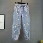 Korea teksap&uuml;ksid Naistele Streetwear Mood Denim Harem-p&uuml;ksid Alaosad Elastne v&ouml;&ouml;koht Helmed Vabaaja Vintage Y2k P&uuml;ksid M sinine