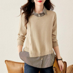 Kaheosaline kampsunpluus, pluusikrae, kampsun, kevad- ja s&uuml;gisriided, l&auml;&auml;nelik stiil, triibuline aluss&auml;rk M kohv