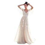 Pitsist kellukakujuliste varrukatega pulmakleit pruudile, s&uuml;gava V-kaeluse ja avatud seljaga, pruudi ballikleit, boho ranna swing-kleit M valge