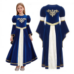 T&auml;ielik keskaegne rollim&auml;ngukleit t&uuml;drukutele: Pikk printsessikleit kuldse mustri, kellukjate varrukate ja v&ouml;&ouml;ga Cosplay peoks 11-12 Years